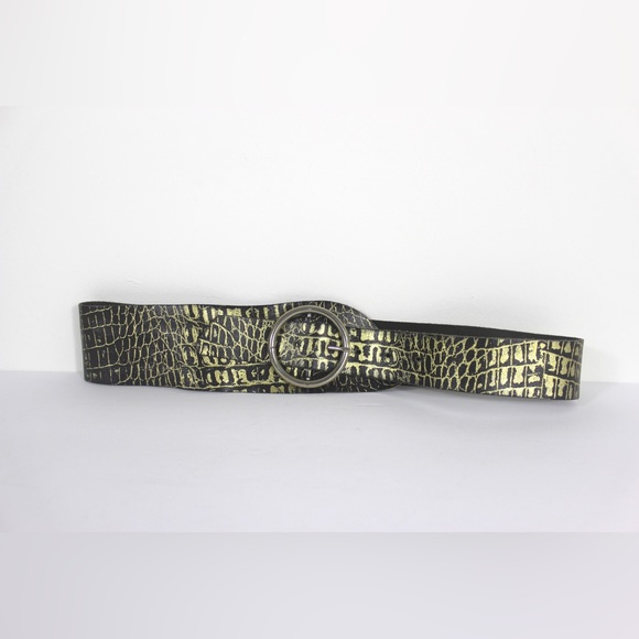 Vintage Black and Gold Leather Reptile Print Wrap Belt Wide Asymmetrical - Picture 2 of 7
